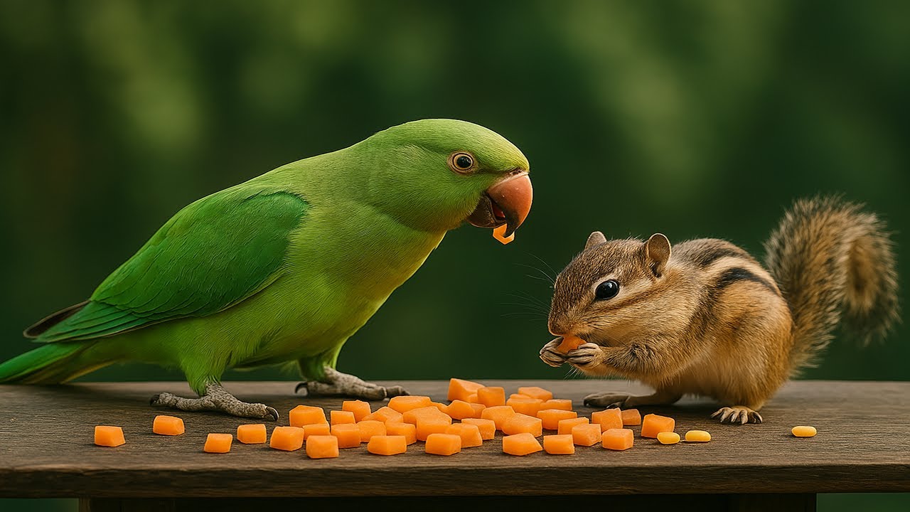 Squirrel and Parrot Sharing a Jungle Feast | Unexpected Wildlife Moment