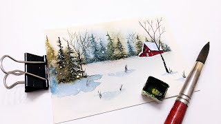 Easy watercolor Christmas barn in forest painting » How to paint a pine tree forest for beginners
