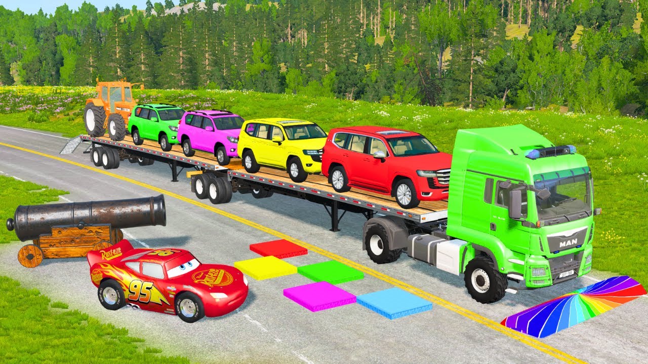 Flatbed Truck McQueen | Transportation with Truck - Pothole vs Car 