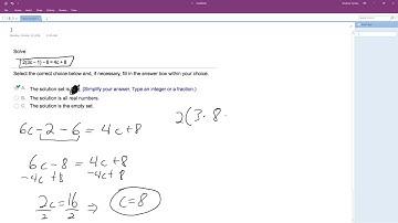 2(3c - 1) - 6 = 4c + 8, solve for c