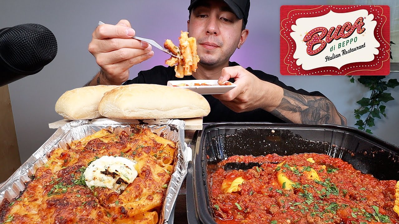 SAUCY RAVIOLI WITH MEAT SAUCE + BAKED ZITI | BUCA DI BEPPO MUKBANG | STORY-TIME