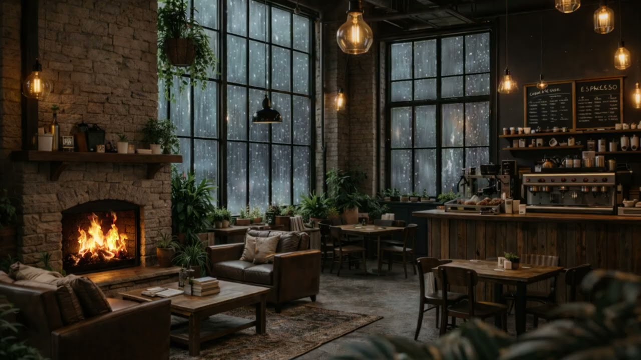 Cozy Fireplace Café on a Rainy Day 🔥🌧️ Rain on Windows & Calm Ambient Sounds (Relax, Study, Sleep)