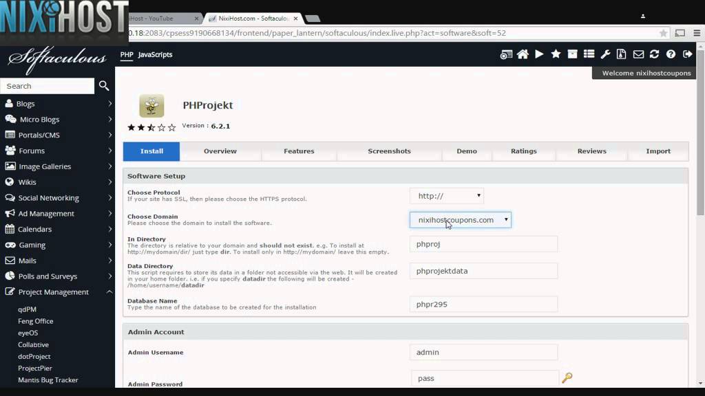 Installing PHProjekt with Softaculous in cPanel - YouTube