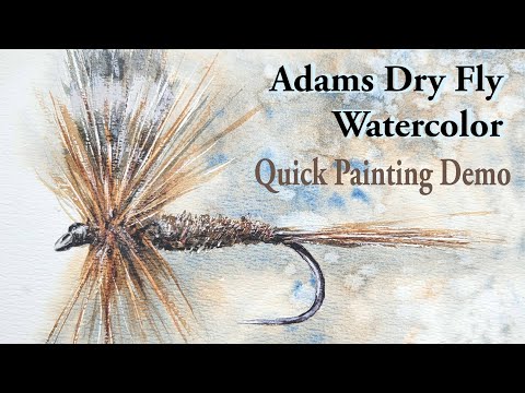 Adams Dry Fly Watercolor Painting, Painting demo instruction of a classic trout  fishing fly. 