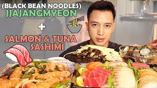 mukbang • 👦🏻🍜 JJAJANGMYEON 짜장면 (BLACK BEAN NOODLES) and 🍣 SALMON &amp; TUNA SASHIMI