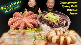 Eating Octopus With Black Bean Noodles, Fried Prawns & Spring Rolls, Sea Food Mukbang