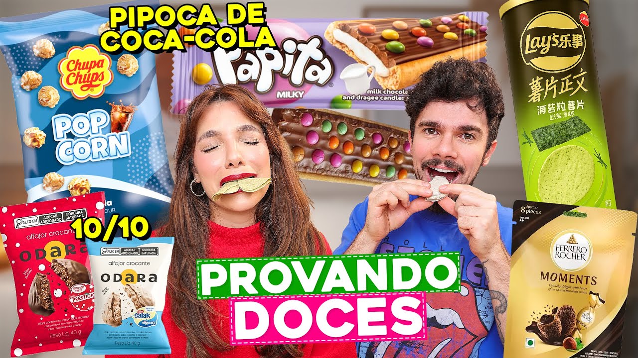 PROVANDO DOCES DIFERENTES | Pipoca de Coca-Cola, Lays de Alga Marinha, Alfajor de Prestígio e mais