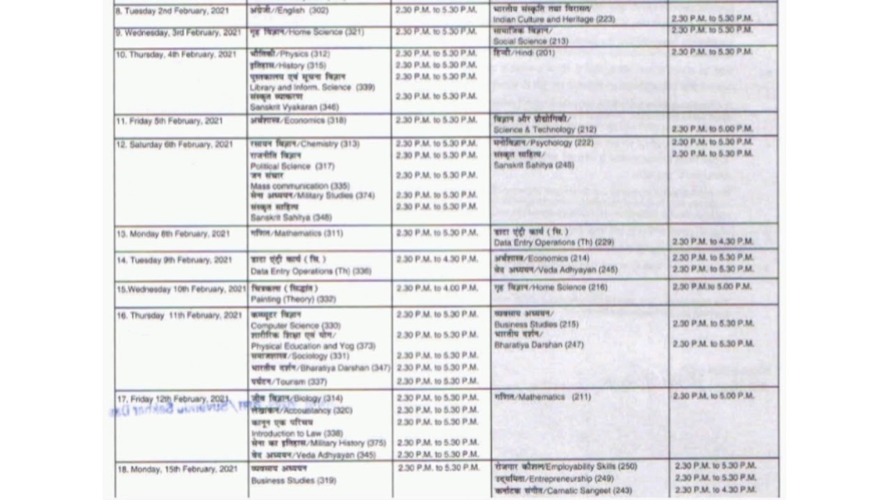 nios October 2020 exam timetable