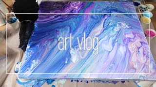 #40【art vlog】大きなキャンバスに絵の具をこぼして絵を描く/ *満月の次の朝(The next morning of the full moon)【フルイドアート】