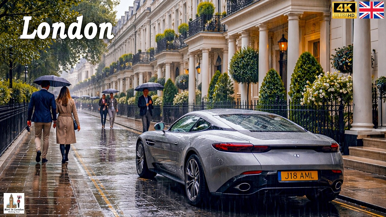 London's Billionaire Neighborhoods Rainy Walking Tour ☔How London's Rich People Live! 💰 True 4K