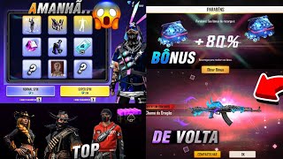 AMANHÃ!! COELHO TECH POR 9 DIMAS? AK DO DRAGÃO DE VOLTA, BÔNUS DE DIMAS E SKINS DE VOLTA - FREE FIRE
