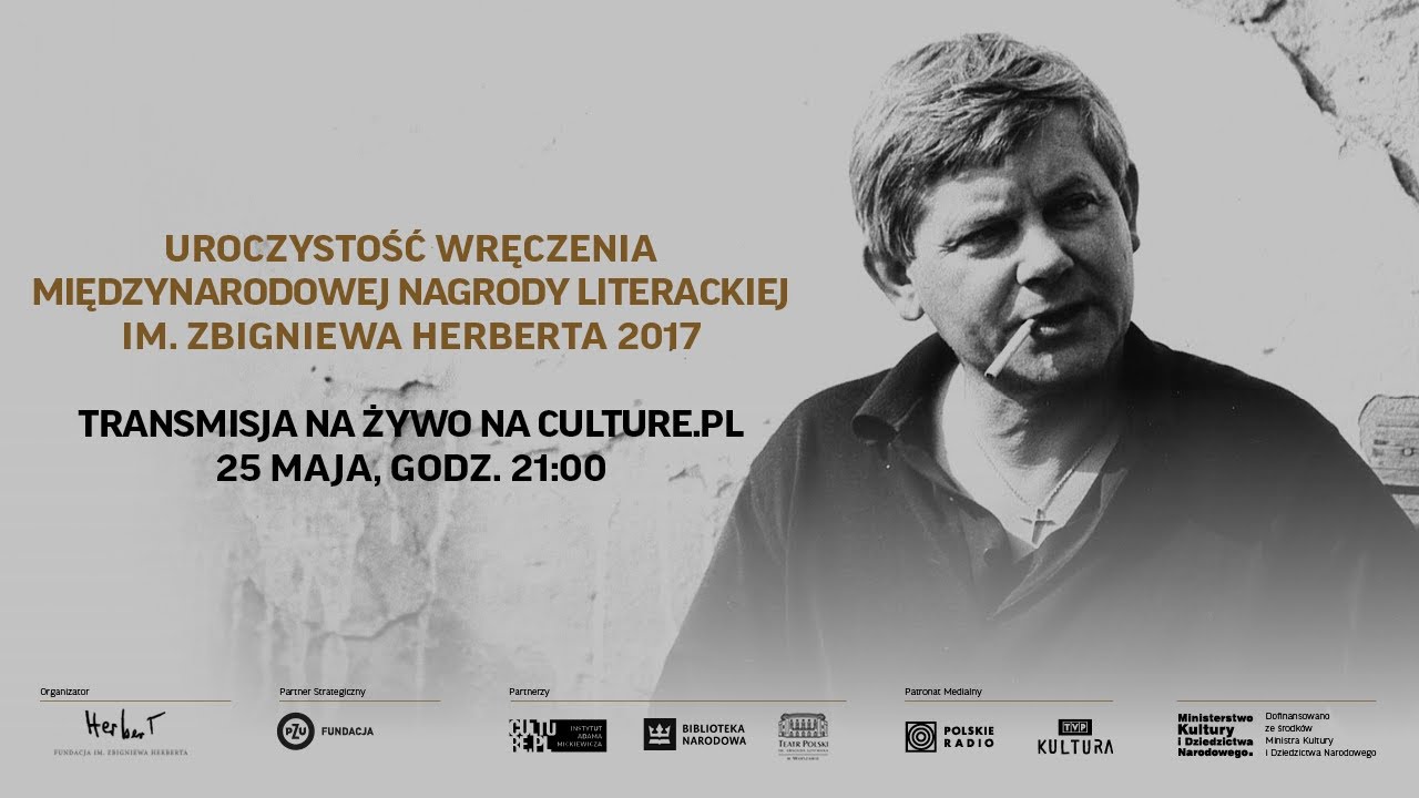 Karta zapowiadająca transmisję gali Nagrody im. Zbigniewa Herberta 2017 w wersji polskiej
