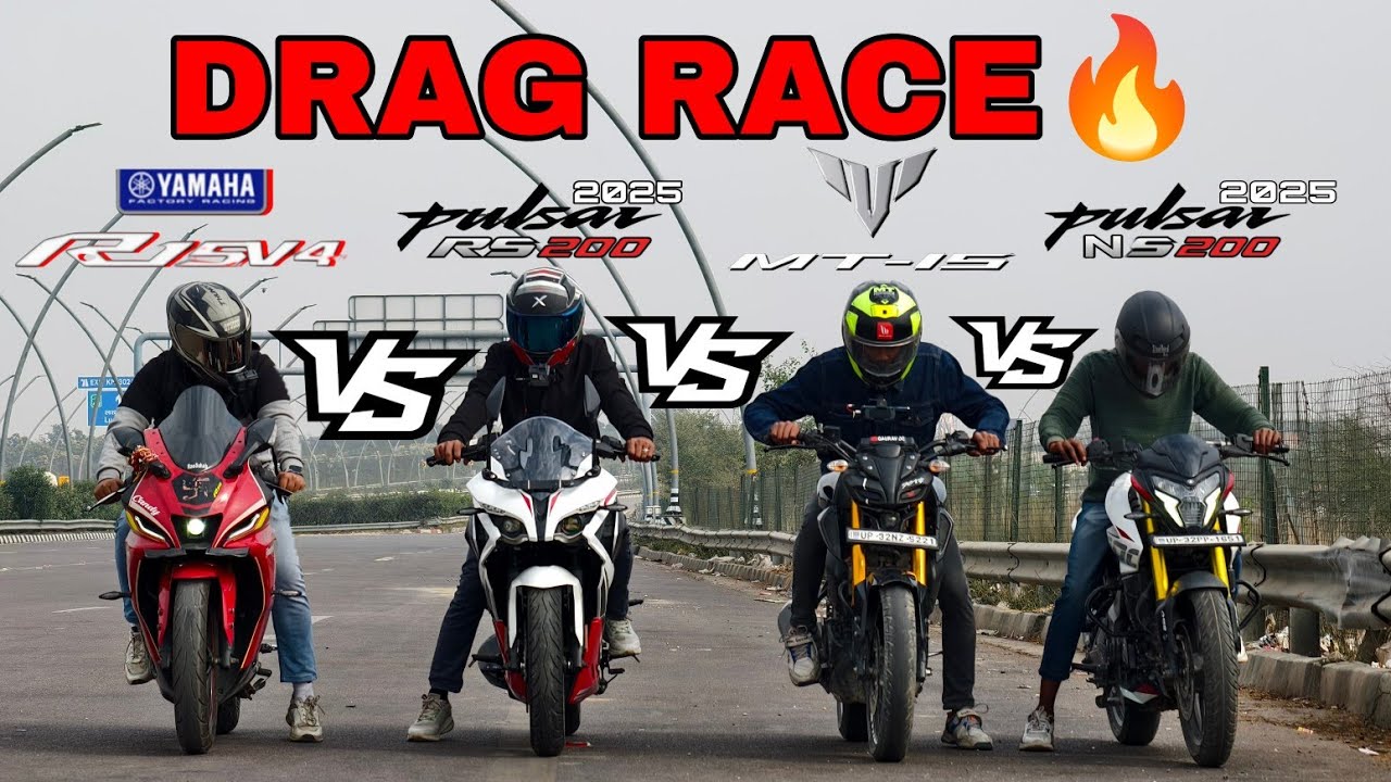 2025 PULSAR RS200 VS NS200 VS R15V4 VS MT15 🔥||DRAG RACE 💥||RACE TILL THEIR POTENTIAL 🥵||QUAD BATTLE