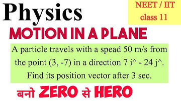 A particle travels with a speed 50 m/s from the point (3, -7) in a direction 7 i^ - 24 j^. Find its