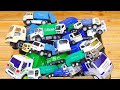 A box full of blue and green garbage truck miniatures ☆ Working garbage trucks.