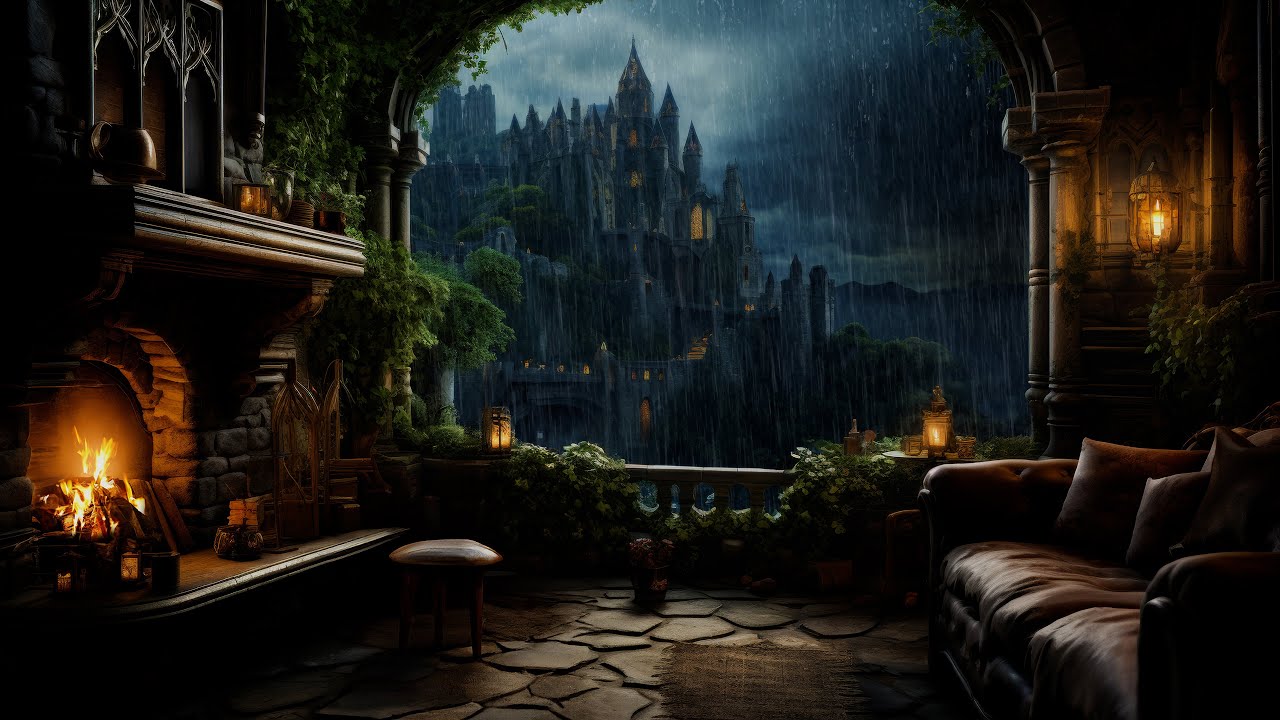 Ambience Night at Rain Thunder in castle Room | Sleep Immediately
