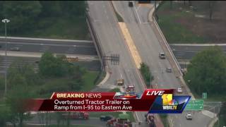 Video: Overturned tractor-trailer slows traffic in east Baltimore
