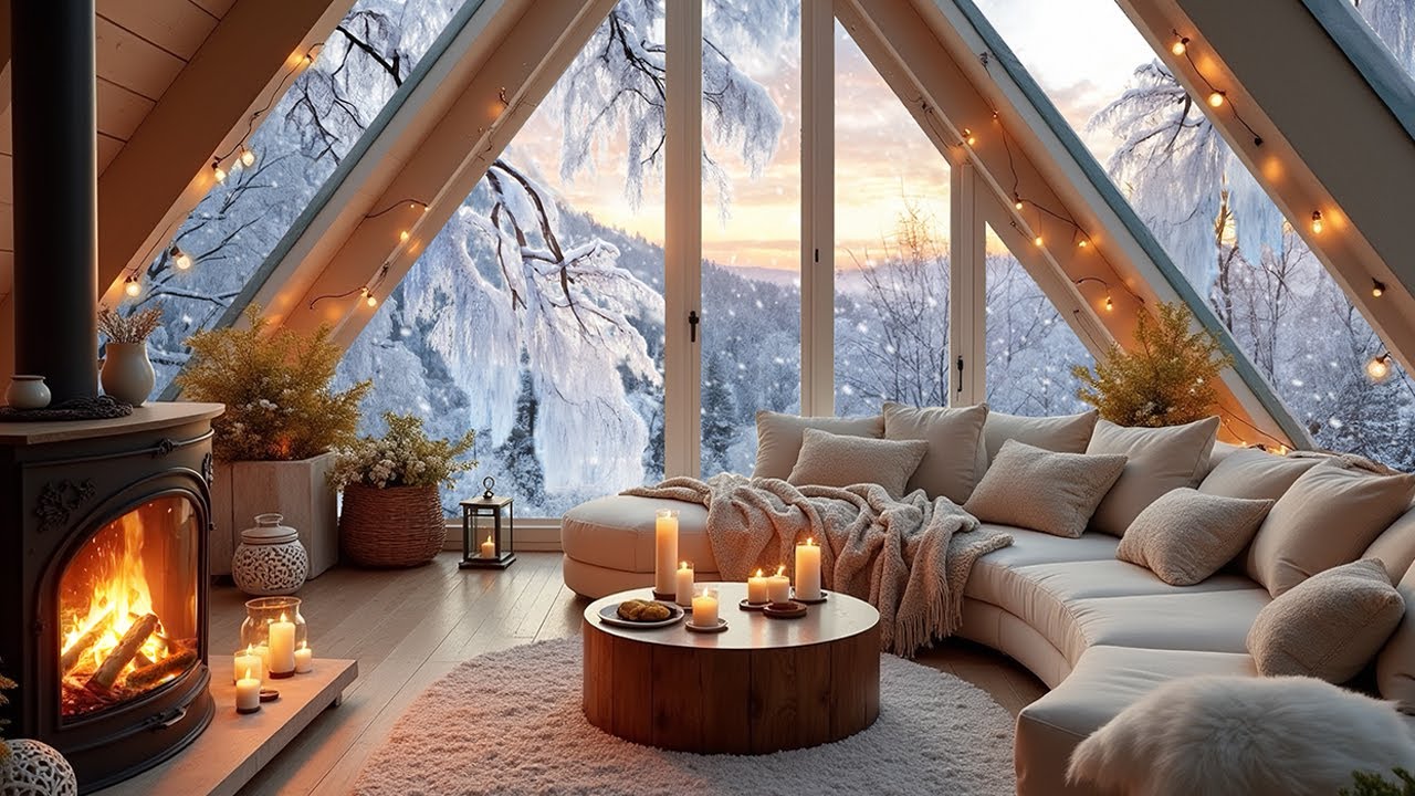 Cozy Cabin by the Snowy Forest & Mountains at Sunset ❄️🔥 Crackling Fireplace Ambience