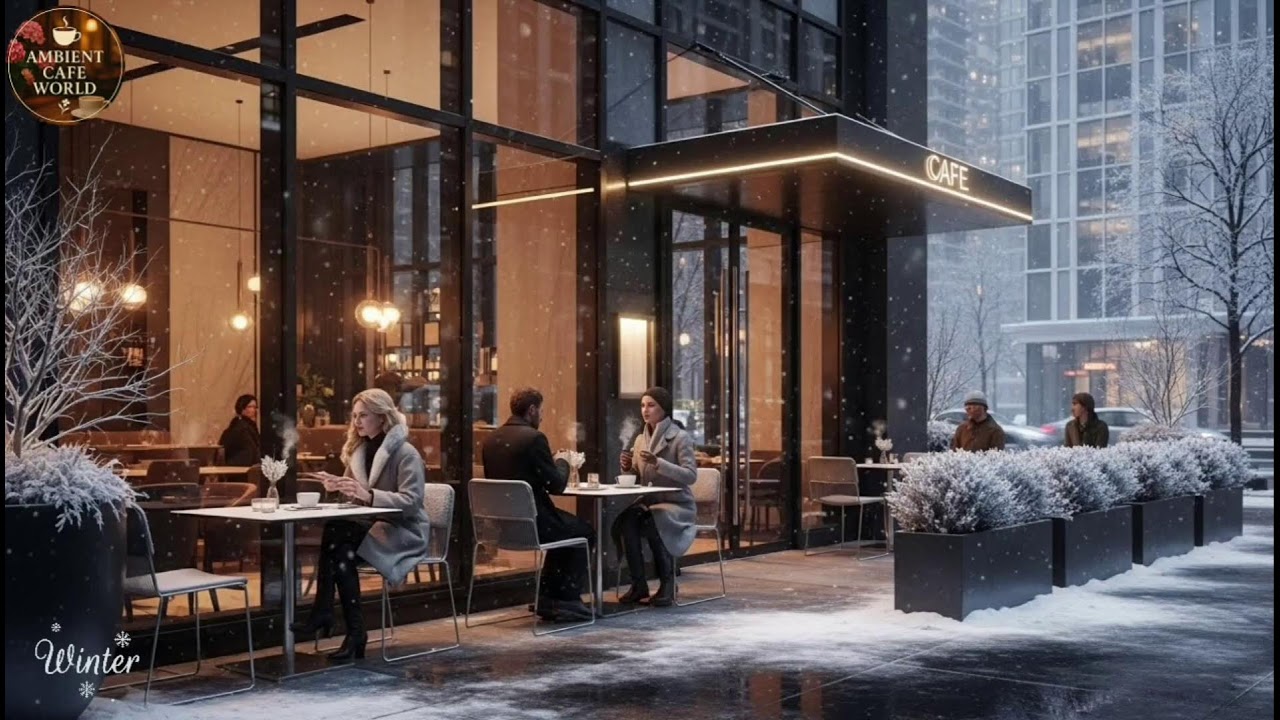 🔴 Soft Winter Jazz Music & Snowfall for Studying ⛄ Outdoor Coffee Shop Ambience with Warm Jazz Music