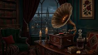 Dark Academia Room – Rainy Gothic Study with Gramophone | Animated Background Loop