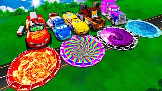 Giant Lava, M&M's, Ice, Rainbow Pits Vs Huge & Tiny Lightning McQueen From PIXAR CARS! BeamNG Drive