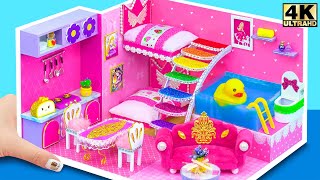 Build Simple Pink Bunk Bed with Swimming Pool in Miniature House | DIY Miniature Cardboard House #60