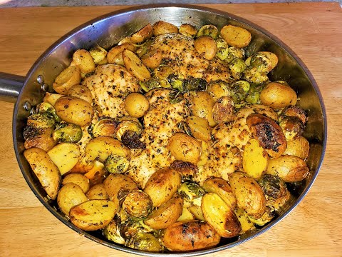 One Skillet Garlic Lemon Chicken With Potatoes & Brussels Sprouts