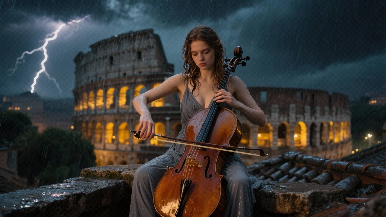 🎻🎹 Cello & Piano in Colosseum Night Rain – Emotional Music for Relaxation, Stress Relief & Sleep