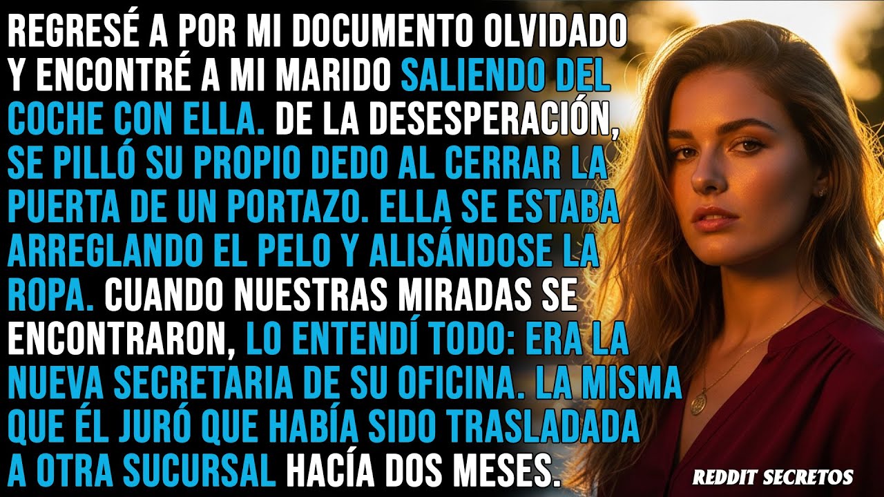 Regresé por unos documentos que olvidé. Mi marido estaba en el coche aparcado con ella. Los cristale