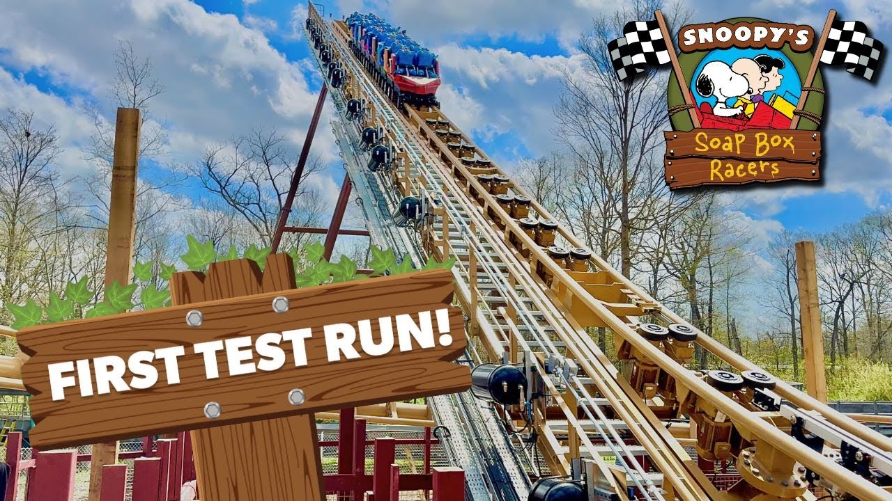 Kings Island - First Test Run of Snoopy's Soap Box Racers - YouTube