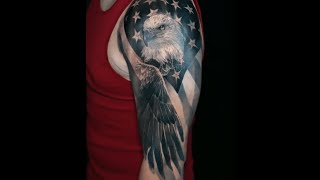 Patriotic Eagle Portrait with Flag Realistic Tattoo Sleeve by Cesar Perez