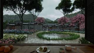 Soothing Rainy Spring Day Ambience | Rain, Crackling Fire Sounds, White Noise