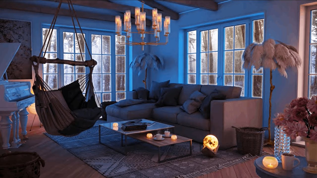 A Cold and Rainy Night - Sleep in a Cozy Living Room with Rain on Window | Rainstorm Sounds