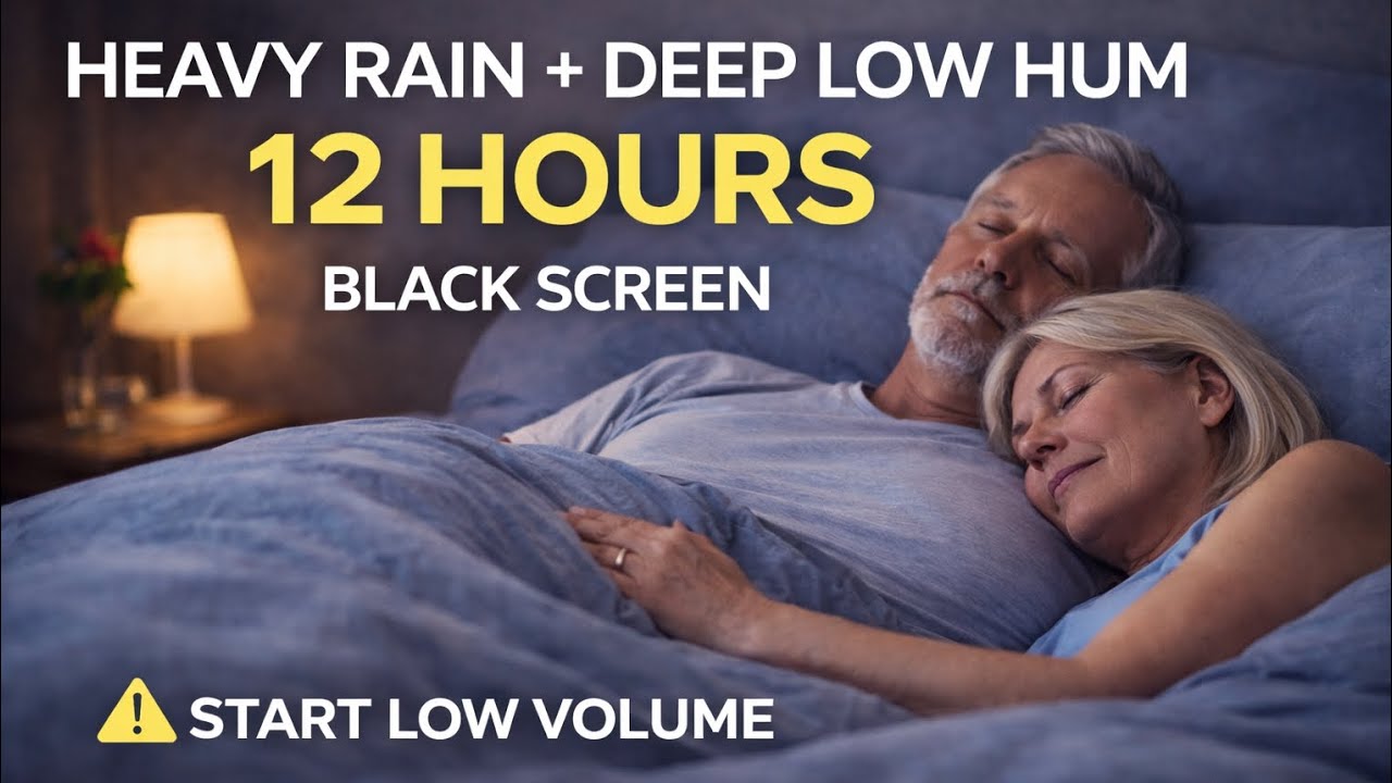 Heavy Rain + Deep Low Hum (12 Hours) | Black Screen | Sleep, Tinnitus & Anxiety Relief