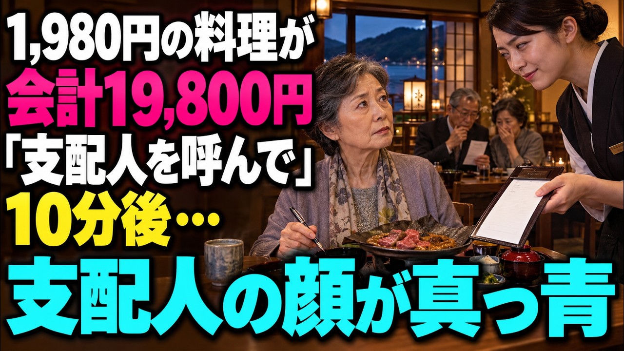 「お会計は一万九千八百円です」――静かな温泉ホテルの食事処で、若い女性従業員が冷たい声でそう言った。献立表には千九百八十円。なのに伝票はちょうど十倍。私は怒鳴らず、膝の上で亡き夫の古い万年筆を握りしめていた。名札には「田辺」とあった。「献立表は千九百八十円ですが」と静かに言うと、彼女は鼻で笑った。「仕入れ量と特別サービスの料金です。全員にお願いしております」。隣の老夫婦も不安そうに自分の伝票...