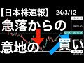 【日本株速報】24/3/12　ショック安の翌日の値動き！最後に意地の上昇！