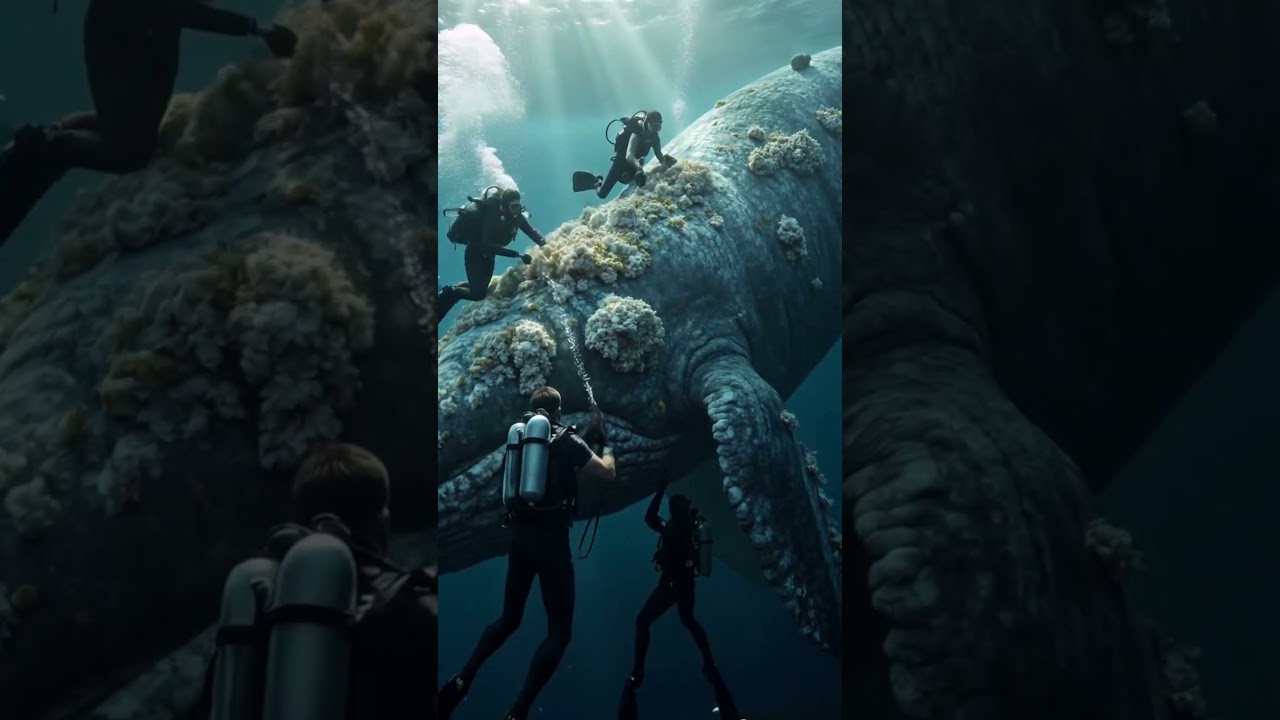 Cleaning Barnacles Off a Giant Whale in the Open Ocean 