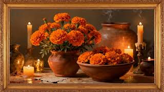 Still Life with Candles and Flowers. Gold framed vintage wall art. 4k Painting background for tv. screenshot 5