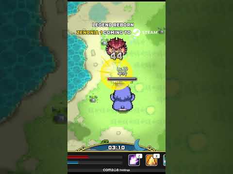 Official Com2uS Holdings YouTube thumbnail: vertical pixel combat overlay LEGEND REBORN / ZENONIA 1 COMING TO STEAM, a red Lv.16 monster, a blue-hooded figure, 03:10 clock.
