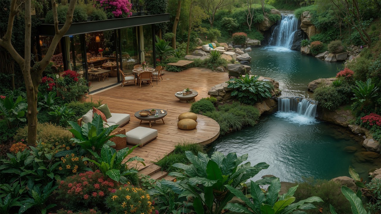 Morning Forest Waterfall Jazz Café 🌿 Cozy Smooth Jazz for Study & Relax