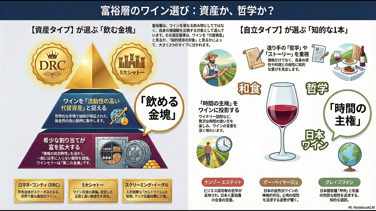 【AI解説】【富裕層】『ワインの意味は「飲める金塊」？、それとも「知的探求」？』：富裕層の嗜好を2つの属性に分類し、それぞれの価値観に合致するワイン銘柄を解説