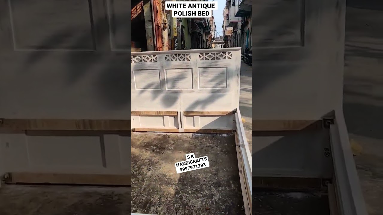 WHITE ANTIQUE POLISH BED WOODEN HANDICRAFT FURNITURE 