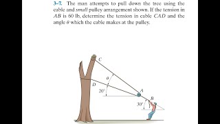 Statics 3.7 - The man attempts to pull down the tree. Determine the tension in cable CAD and angle