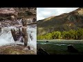 Bella naturaleza a través de nieves del cielo, ríos, playas y montañas con música