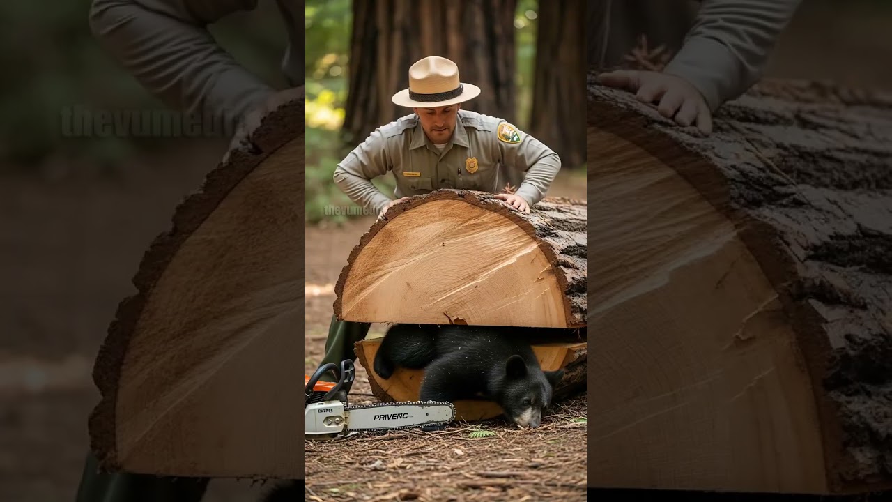 Forest ranger uses chainsaw to free bear cub from fallen tree. 