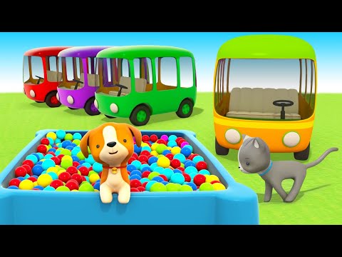 Colorful buses bring animals to the playground. Cartoons about cars and vehicles.