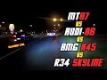 Mt07 vs audi a8 vs amg a45 vs r34 skyline