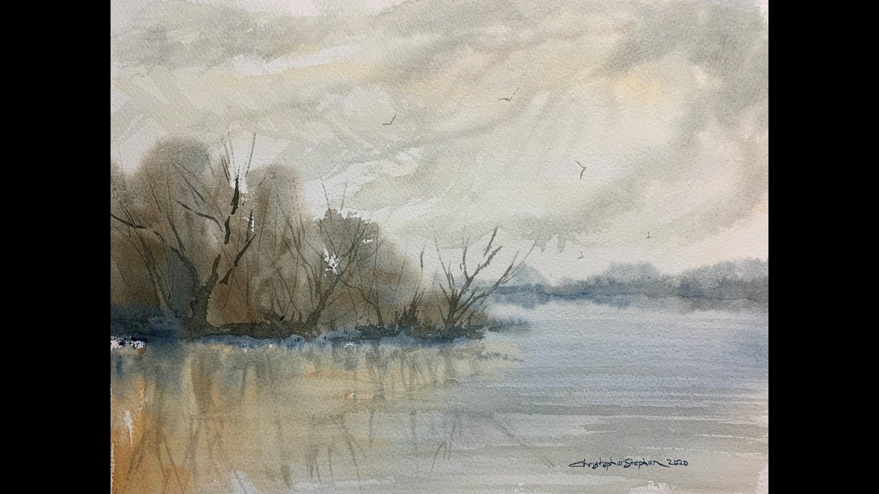 Three colours / Fast and loose Hake brush watercolour / Lake and trees