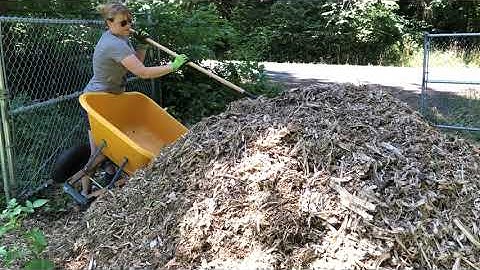 Easy way to fill your wheelbarrow from a pile of mulch or dirt.