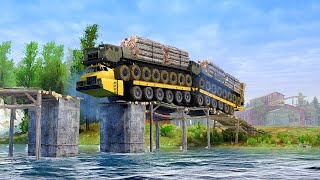 Extreme Bridge Logging Challenge - Yellow Truck Battles Deep Mud with Giant Log